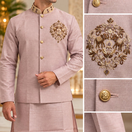 Men's Linen Cotton 3-Piece Kurta Set - Dusty Pink (collage)