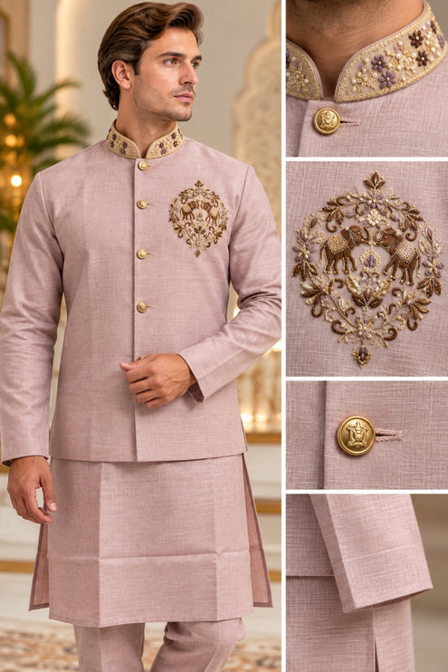 Men's Linen Cotton 3-Piece Kurta Set - Dusty Pink (collage)