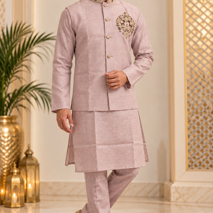 Men's Linen Cotton 3-Piece Kurta Set - Dusty Pink (full)