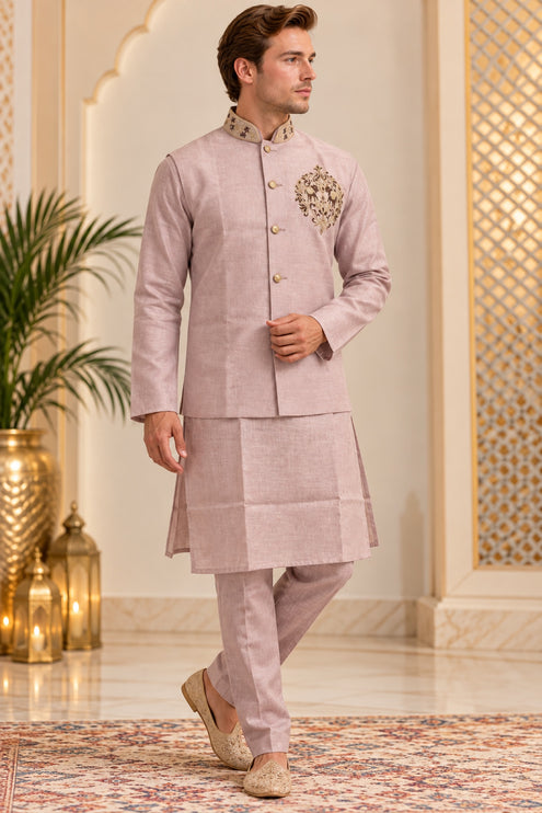 Men's Linen Cotton 3-Piece Kurta Set - Dusty Pink (full)