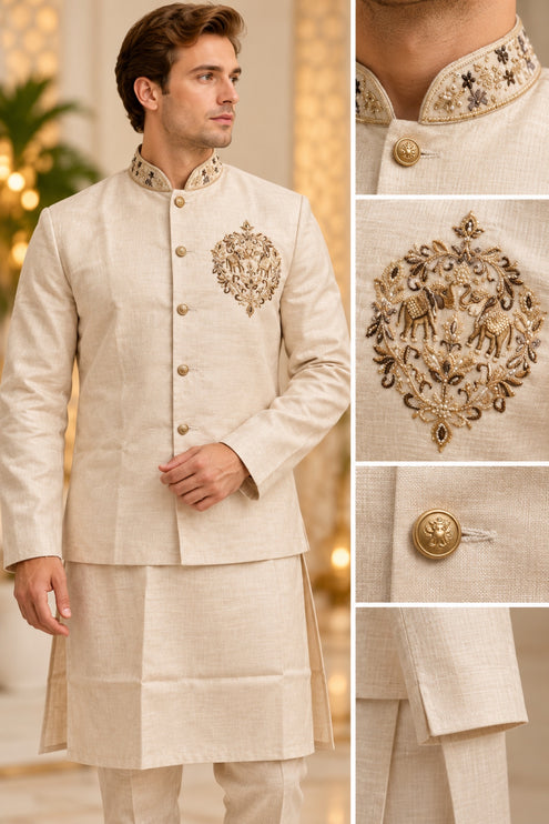 Men's Linen Cotton 3-Piece Kurta Set - Beige (collage)