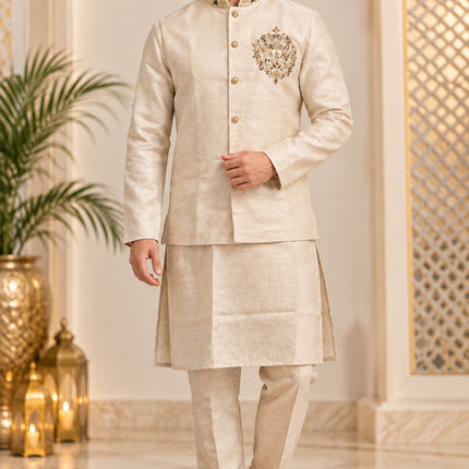 Men's Linen Cotton 3-Piece Kurta Set - Beige (full)