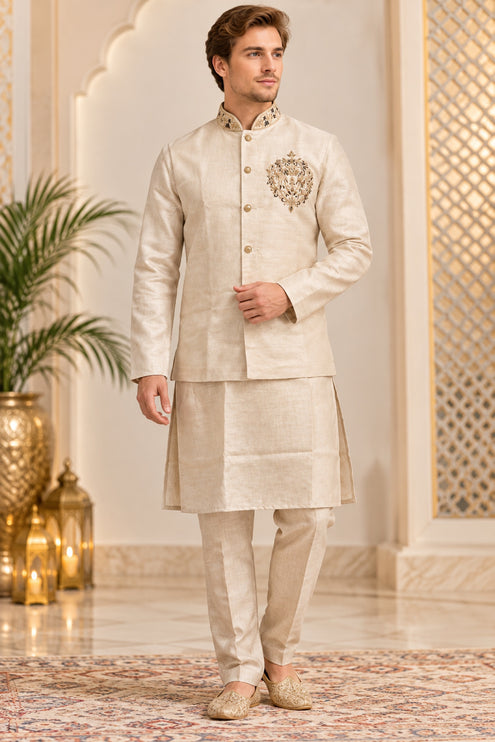 Men's Linen Cotton 3-Piece Kurta Set - Beige (full)