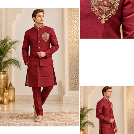 Men's Linen Cotton 3-Piece Kurta Set - Maroon (collage)