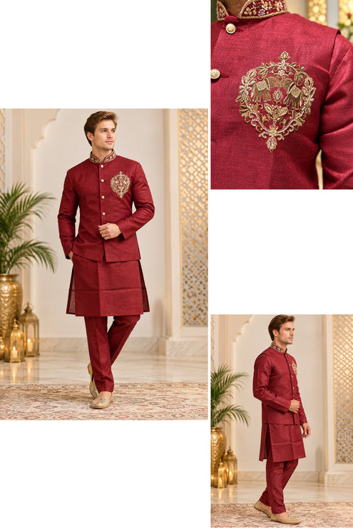Men's Linen Cotton 3-Piece Kurta Set - Maroon (collage)