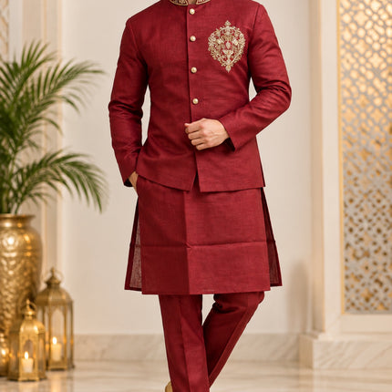 Men's Linen Cotton 3-Piece Kurta Set - Maroon (full)