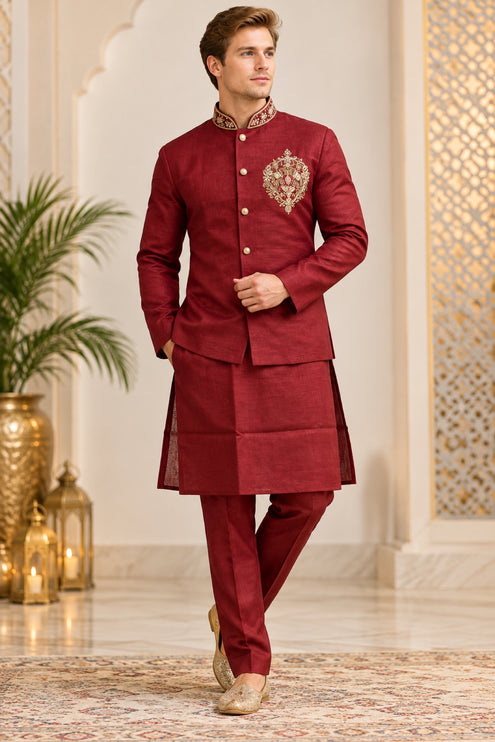 Men's Linen Cotton 3-Piece Kurta Set - Maroon (full)