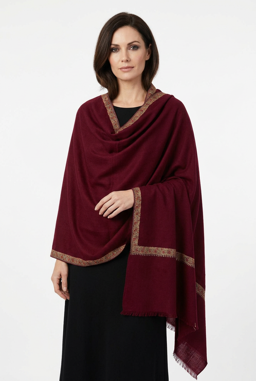 Maroon wool shawl on a British woman model