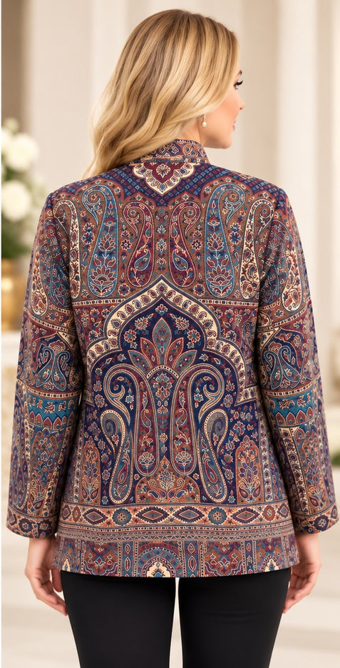 Kani Jamawar women's short winter jacket, navy paisley, back view on model