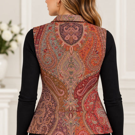 Kani Jamawar ladies lapel waistcoat, rust paisley, back view on model