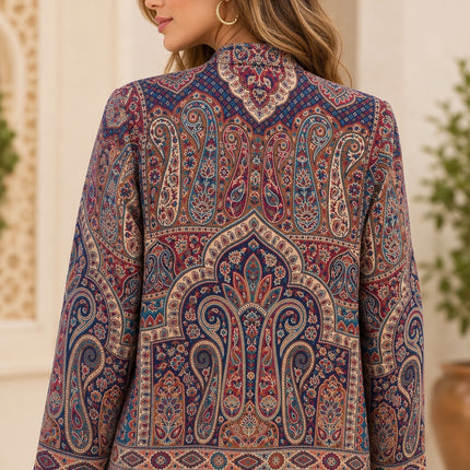 Kani Jamawar women's short winter jacket, navy teal paisley, back view on model