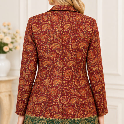 Kani Jamawar women's blazer, maroon paisley, back view on model