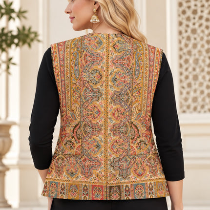 Kani Jamawar women's kurta waistcoat, gold paisley, back view on model