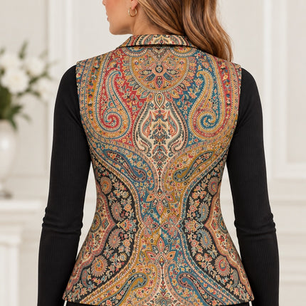 Kani Jamawar ladies lapel waistcoat, red paisley, back view on model