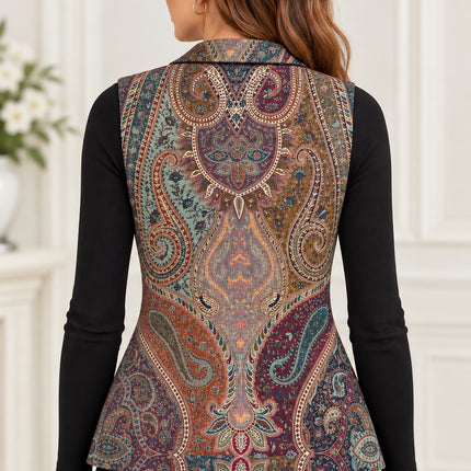Kani Jamawar ladies lapel waistcoat, multi-colour paisley, back view on model