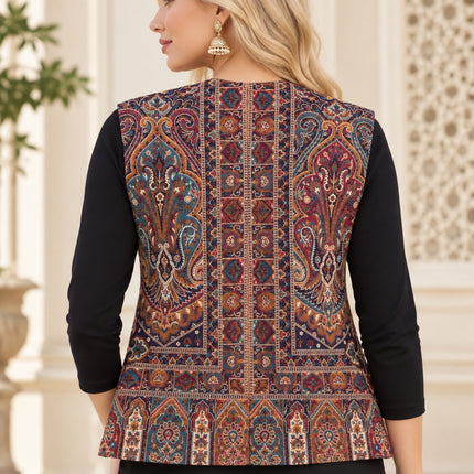 Kani Jamawar women's waistcoat, navy paisley, back view on model