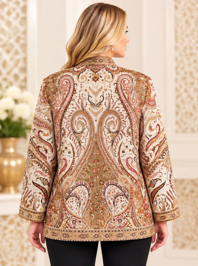 Kani Jamawar women's winter jacket, beige paisley, back view on model