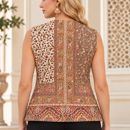 Kani Jamawar women's kurta waistcoat, ivory taupe paisley, back view on model