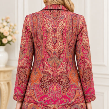 Kani Jamawar women's blazer, pink paisley, back view on model