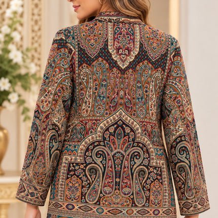 Kani Jamawar women's winter jacket, brown teal paisley, back view on model