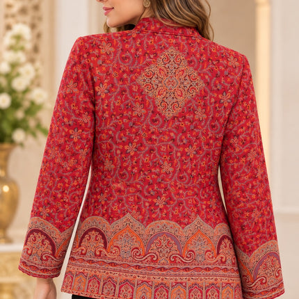 Kani Jamawar women's short winter jacket, red paisley, back view on model