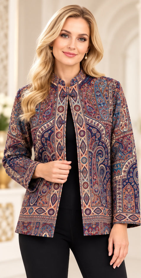 Kani Jamawar women's short winter jacket, navy paisley, front view on model
