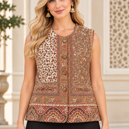 Kani Jamawar women's kurta waistcoat, ivory taupe paisley, front view on model