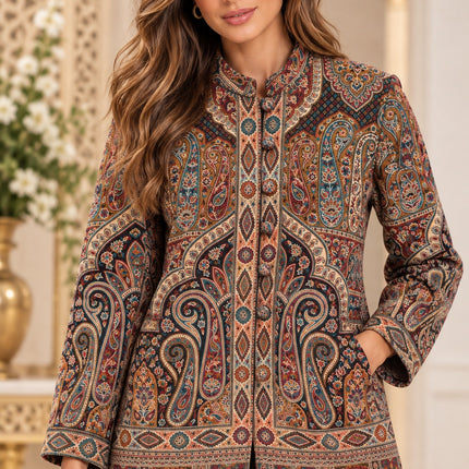 Kani Jamawar women's winter jacket, brown teal paisley, front view on model