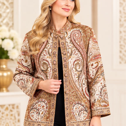 Kani Jamawar women's winter jacket, beige paisley, front view on model