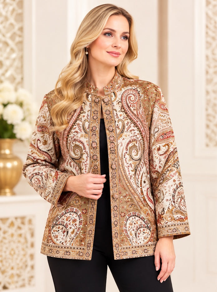 Kani Jamawar women's winter jacket, beige paisley, front view on model