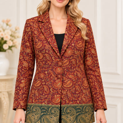 Kani Jamawar women's blazer, maroon paisley, front view on model