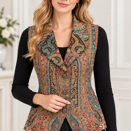 Kani Jamawar ladies lapel waistcoat, red paisley, front view on model