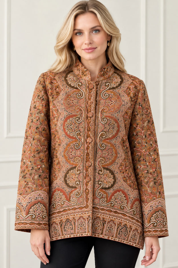 Kani Jamawar women's short winter jacket, rust paisley, front view on model