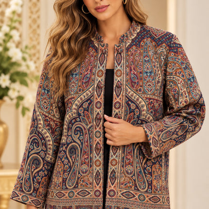 Kani Jamawar women's short winter jacket, navy teal paisley, front view on model