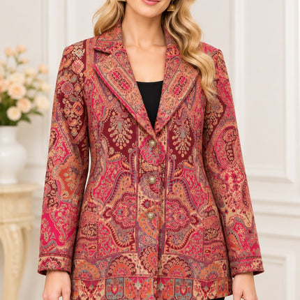 Kani Jamawar women's blazer, pink paisley, front view on model