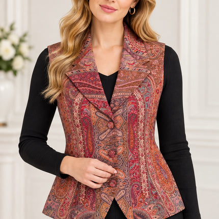 Kani Jamawar ladies lapel waistcoat, rust paisley, front view on model