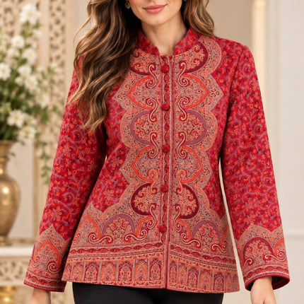 Kani Jamawar women's short winter jacket, red paisley, front view on model
