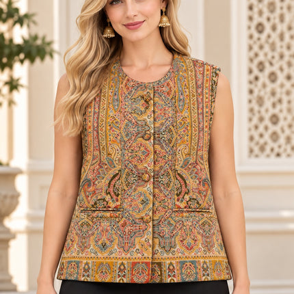 Kani Jamawar women's kurta waistcoat, gold paisley, front view on model