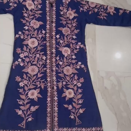 Luxury Kashmiri  silk Ladies long Jacket | woven Kashmir Ari work | Statement fashion wear | Kashmir Winter Dresses | size 44