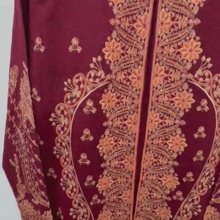 Aan Silk House Original winter collection | 3 pcs Kashmiri woolen set| Red with all over hand sozni | size 40