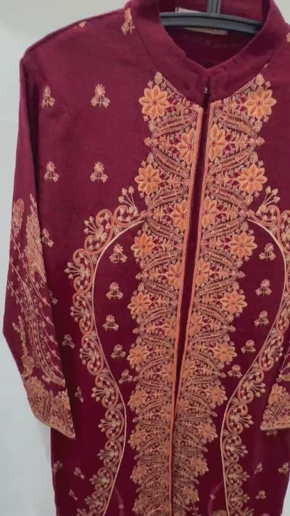 Aan Silk House Original winter collection | 3 pcs Kashmiri woolen set| Red with all over hand sozni | size 40