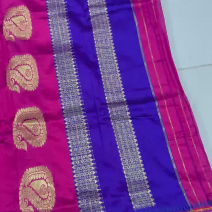 Special Sale !!!|Original Narayan Peth 100% pure silk Saree from Yeola - Magenta pink with purple border|