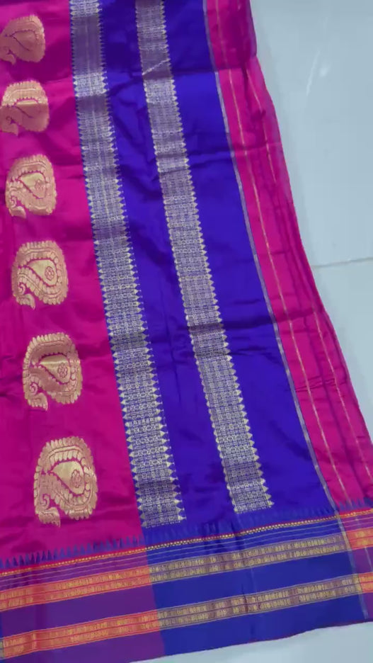 Special Sale !!!|Original Narayan Peth 100% pure silk Saree from Yeola - Magenta pink with purple border|