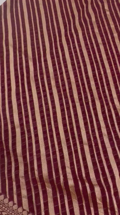 Banarasi Khaddi Georgette Lehriya pattern Chocolate with Gold Zari Saree with beautiful  Zari stripes