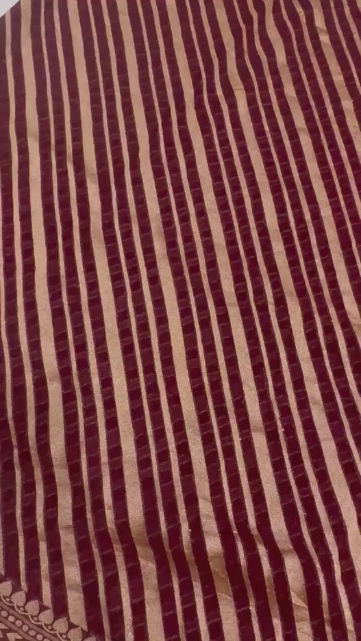 Banarasi Khaddi Georgette Lehriya pattern Chocolate with Gold Zari Saree with beautiful  Zari stripes