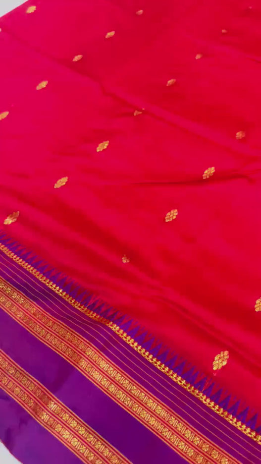 Special Sale !!!|Original Narayan Peth 100% pure silk Saree from Yeola - Red with Purple border|Fall Pico Tassels done