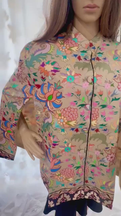 All weather aan silk house  EMBROIDERED KALAMKARI CAPE | camel base color | hand made | silk blend | size 46