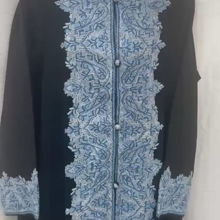 Luxury aari - hand sozni pashmina Jacket | hand woven Kashmir Artwear |Statement fashion wear |knee length| Ink Blue |size 46