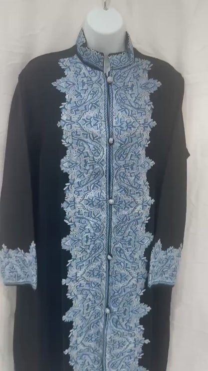 Luxury aari - hand sozni pashmina Jacket | hand woven Kashmir Artwear |Statement fashion wear |knee length| Ink Blue |size 46