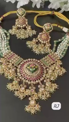 Green real beads! Pearls/Ruby/Kundan/ antique finish/Designer set/wedding collection